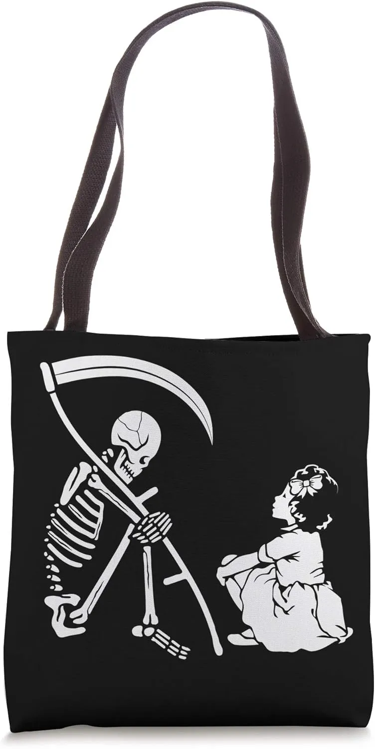 Girl Befriends Death Reaper Skeleton and Skull Dark Humor Tote Bag