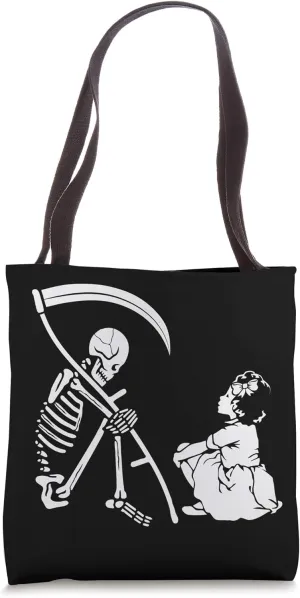 Girl Befriends Death Reaper Skeleton and Skull Dark Humor Tote Bag