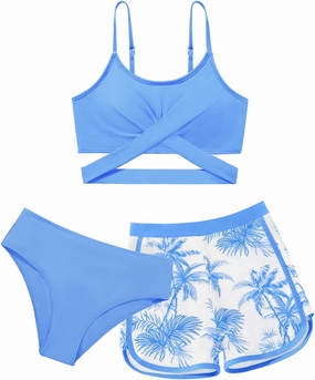 Girl's 3 Piece Bikini Set Cross Strap Swimsuits for Girls Bathing Suit with Shorts Teen Swimwear Swimming Suit