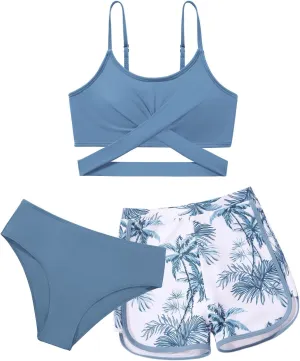 Girl's 3 Piece Bikini Set Cross Strap Swimsuits for Girls Bathing Suit with Shorts Teen Swimwear Swimming Suit