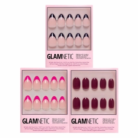 Glamnetic Press-On Nails Bundle - Raspberry Sorbet, Berry Maroon & Caviar | Semi-Transparent Magenta Pink French Tip Almond False Nails | Dark Red Round Fake Nails | Short Almond Black Fre