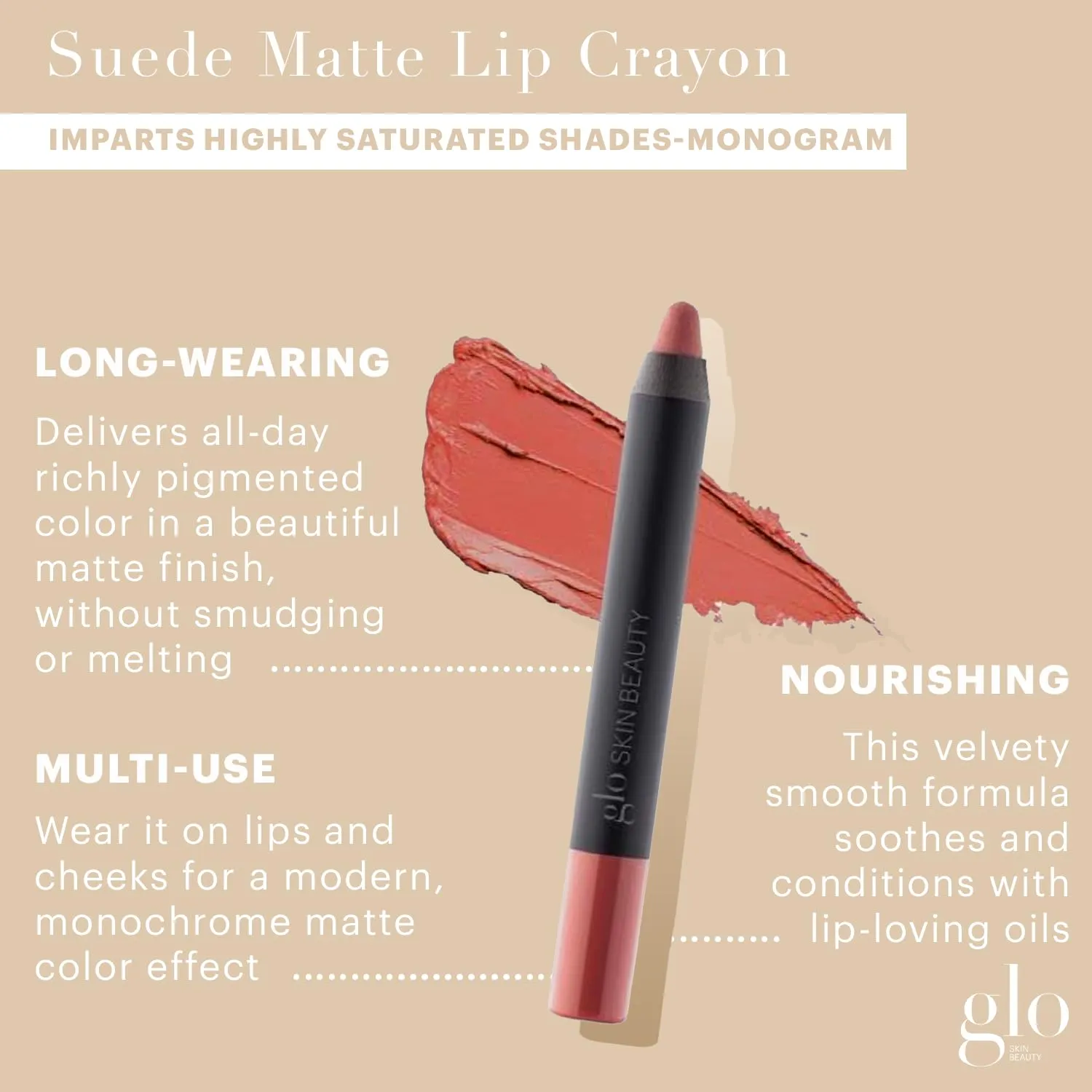 Glo Skin Beauty Suede Matte Lip Crayon (Monogram) - Longwearing Formula Stays On All Day, With Conditioning Shea Butter   Mango Seed Oil for a Velvety Smooth Finish