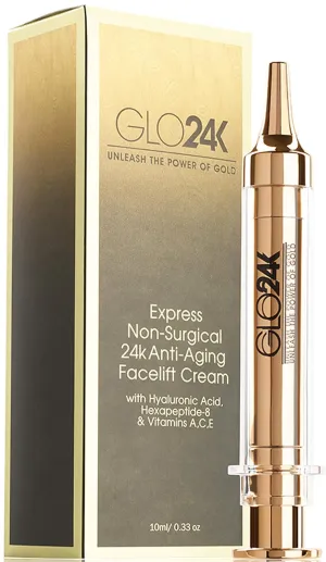 GLO24K Instant Facelift Cream with 24k Gold, Hyaluronic Acid, Peptides, and Vitamins A,C,E - Non-Invasive Alternative to Injections for Instant Results