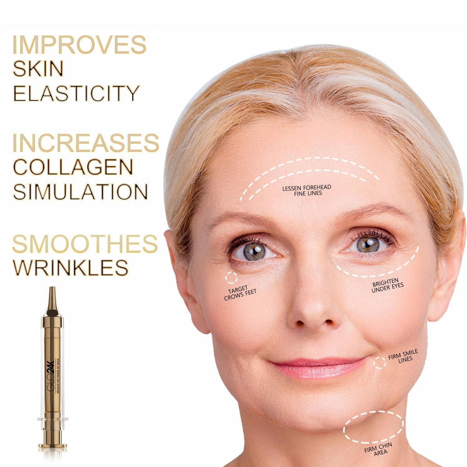 GLO24K Instant Facelift Cream with 24k Gold, Hyaluronic Acid, Peptides, and Vitamins. Value Pack of 3. A powerful non-invasive alternative to injections.