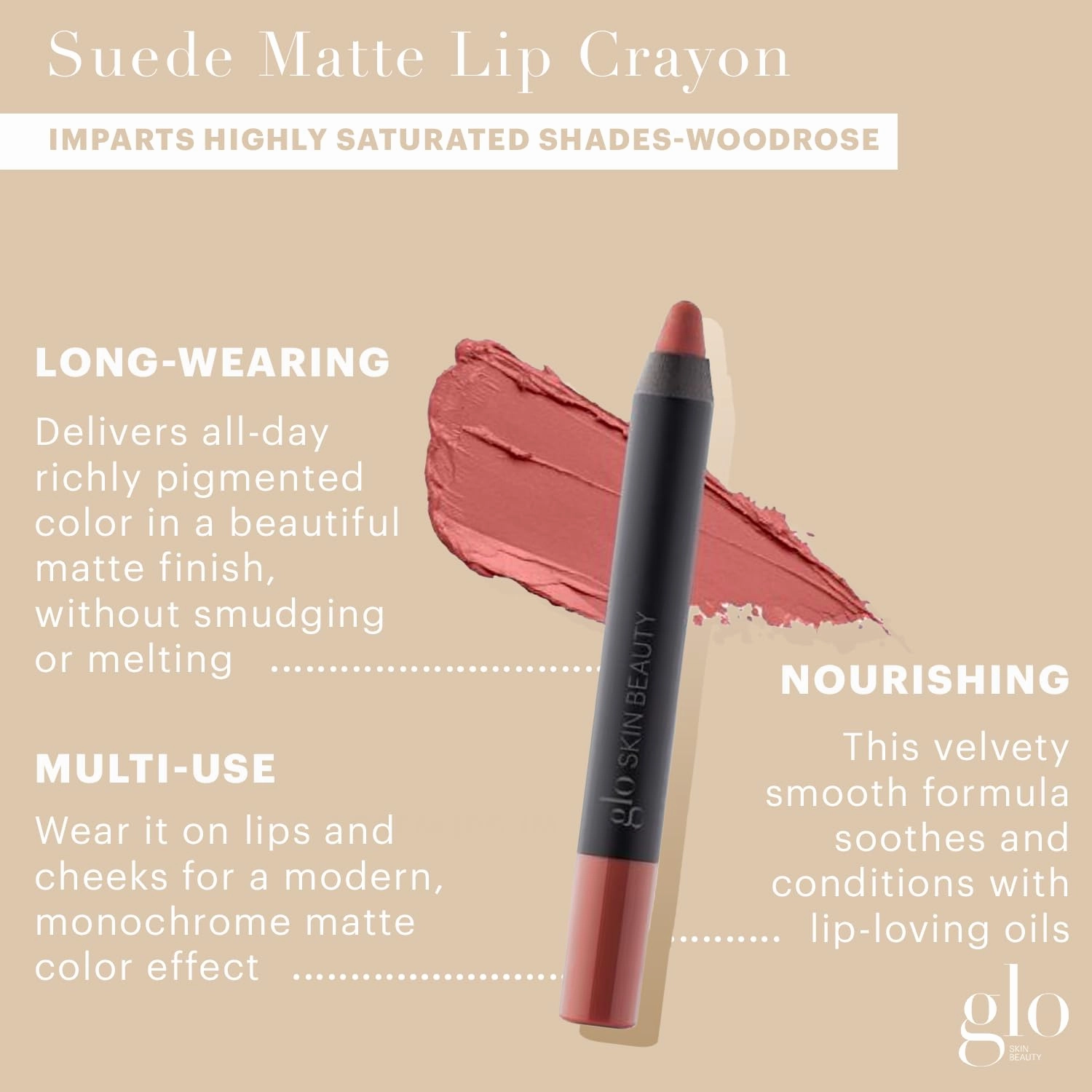 Glo Skin Beauty Suede Matte Lip Crayon (Woodrose) - Longwearing Formula Stays On All Day, With Conditioning Shea Butter   Mango Seed Oil for a Velvety Smooth Finish