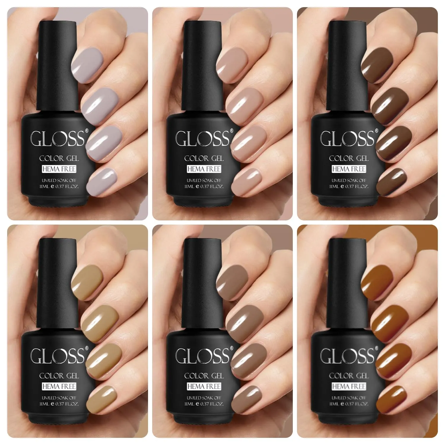 GLOSS Beige Gel Nail Polish Set | 6 Pcs HEMA Free Gel Polish with Beige, Taupe, Amber, Brown, Light brown & Brown Caramel Colors, Uv LED Gel Polish, Soak off Manicure, at Home Gifts for Women