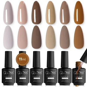 GLOSS Beige Gel Nail Polish Set | 6 Pcs HEMA Free Gel Polish with Beige, Taupe, Amber, Brown, Light brown & Brown Caramel Colors, Uv LED Gel Polish, Soak off Manicure, at Home Gifts for Women