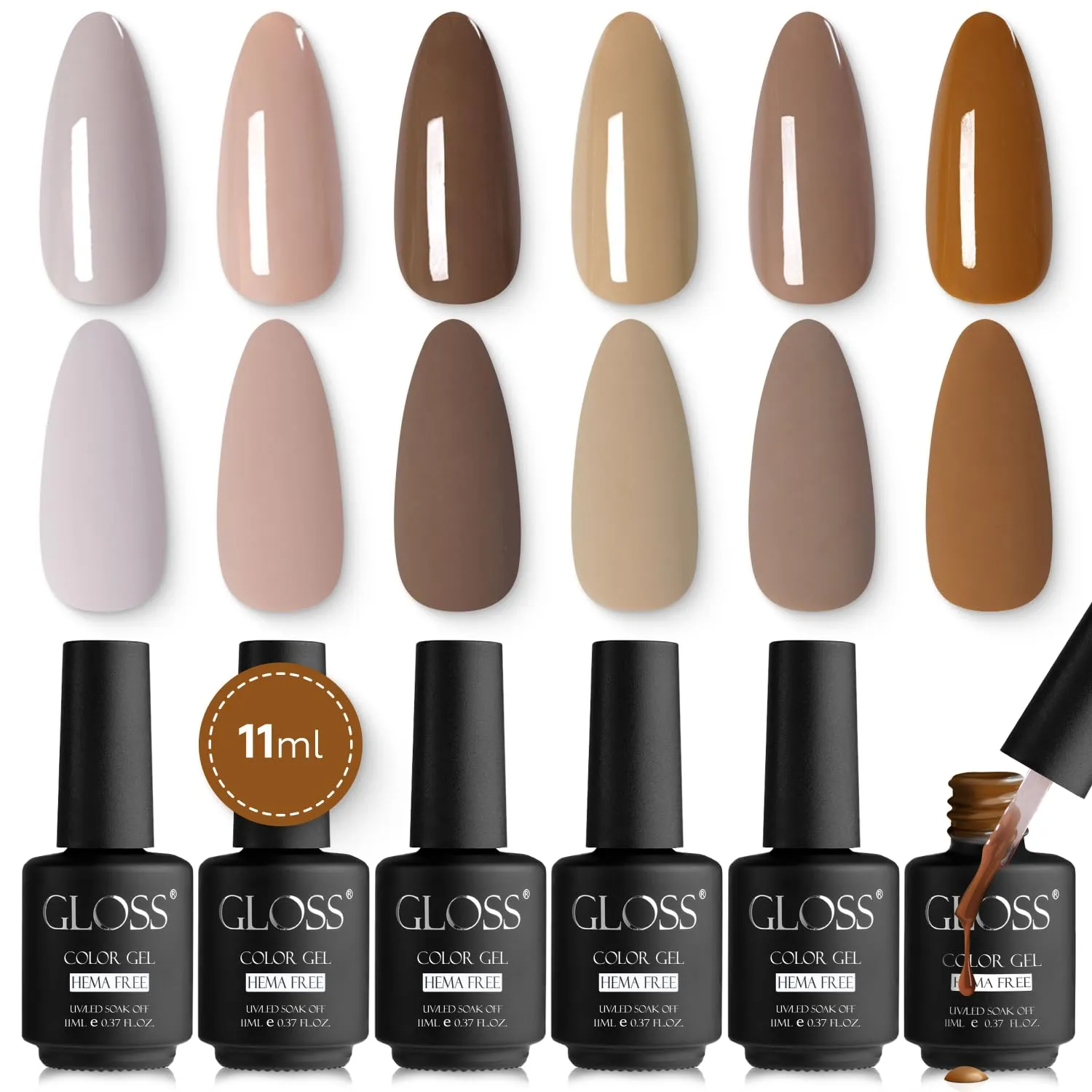 GLOSS Beige Gel Nail Polish Set | 6 Pcs HEMA Free Gel Polish with Beige, Taupe, Amber, Brown, Light brown & Brown Caramel Colors, Uv LED Gel Polish, Soak off Manicure, at Home Gifts for Women