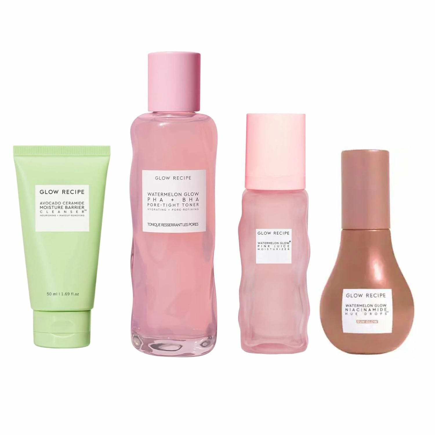 Glow Recipe Full-Size Routine Kit - Avocado Cleanser (150ml)   Watermelon BHA PHA Toner (150ml)   Pink Juice Moisturizer (50ml)   Niacinimide Hue Drops (40ml)