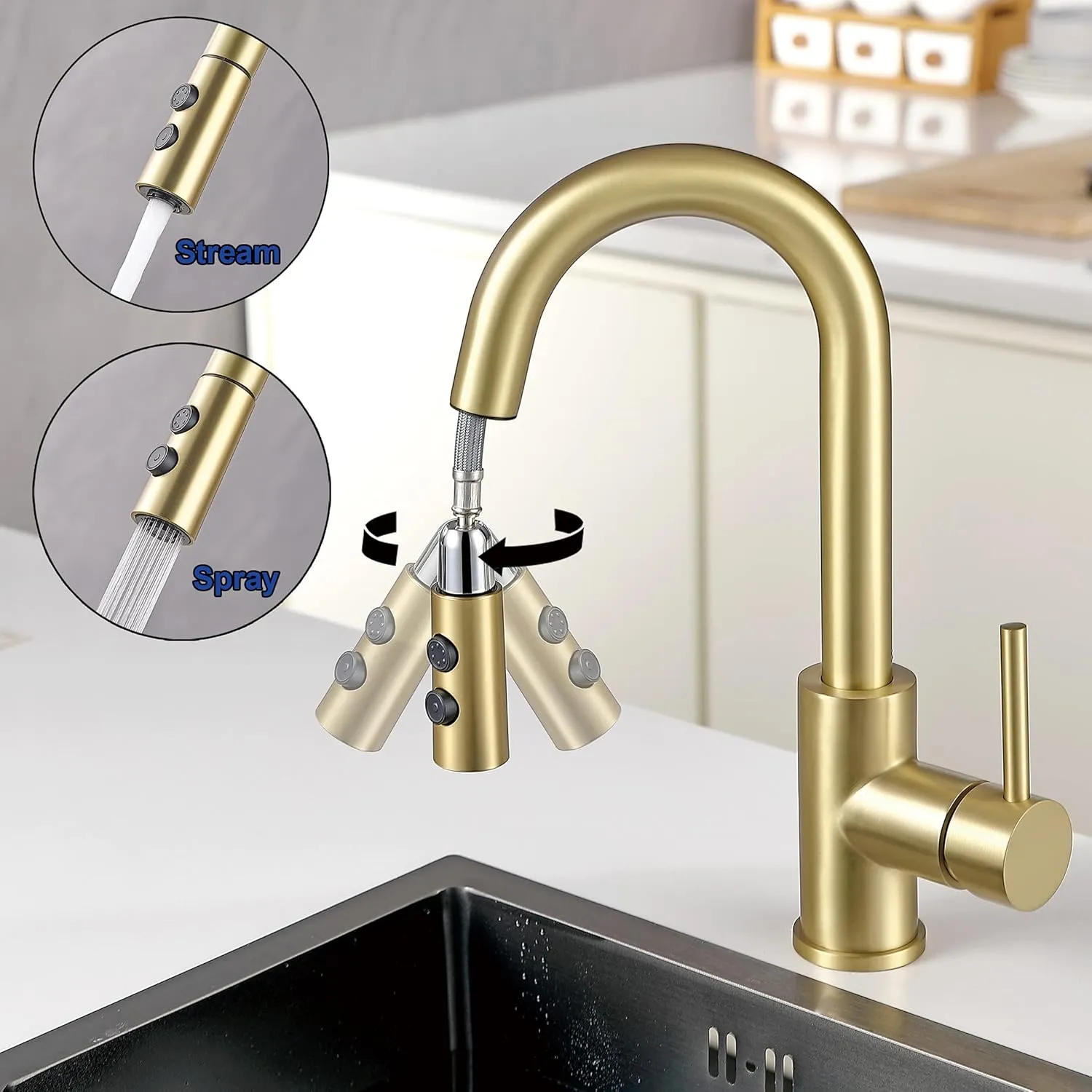 Gold Bar Faucet with Sprayer Single Hole, JXMMP Single Handle Stainless Steel Bar Sink Faucets with Pull Out Sprayer, Modern Brushed Gold Mini Kitchen Faucet with cUPC Supply Hose