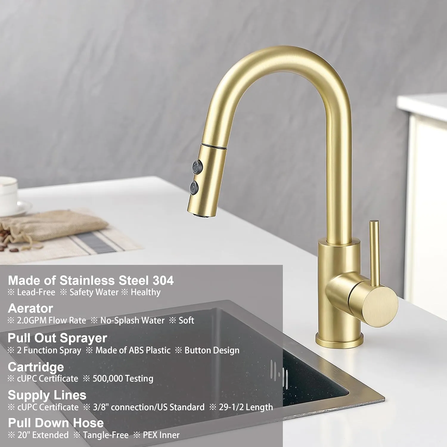 Gold Bar Faucet with Sprayer Single Hole, JXMMP Single Handle Stainless Steel Bar Sink Faucets with Pull Out Sprayer, Modern Brushed Gold Mini Kitchen Faucet with cUPC Supply Hose