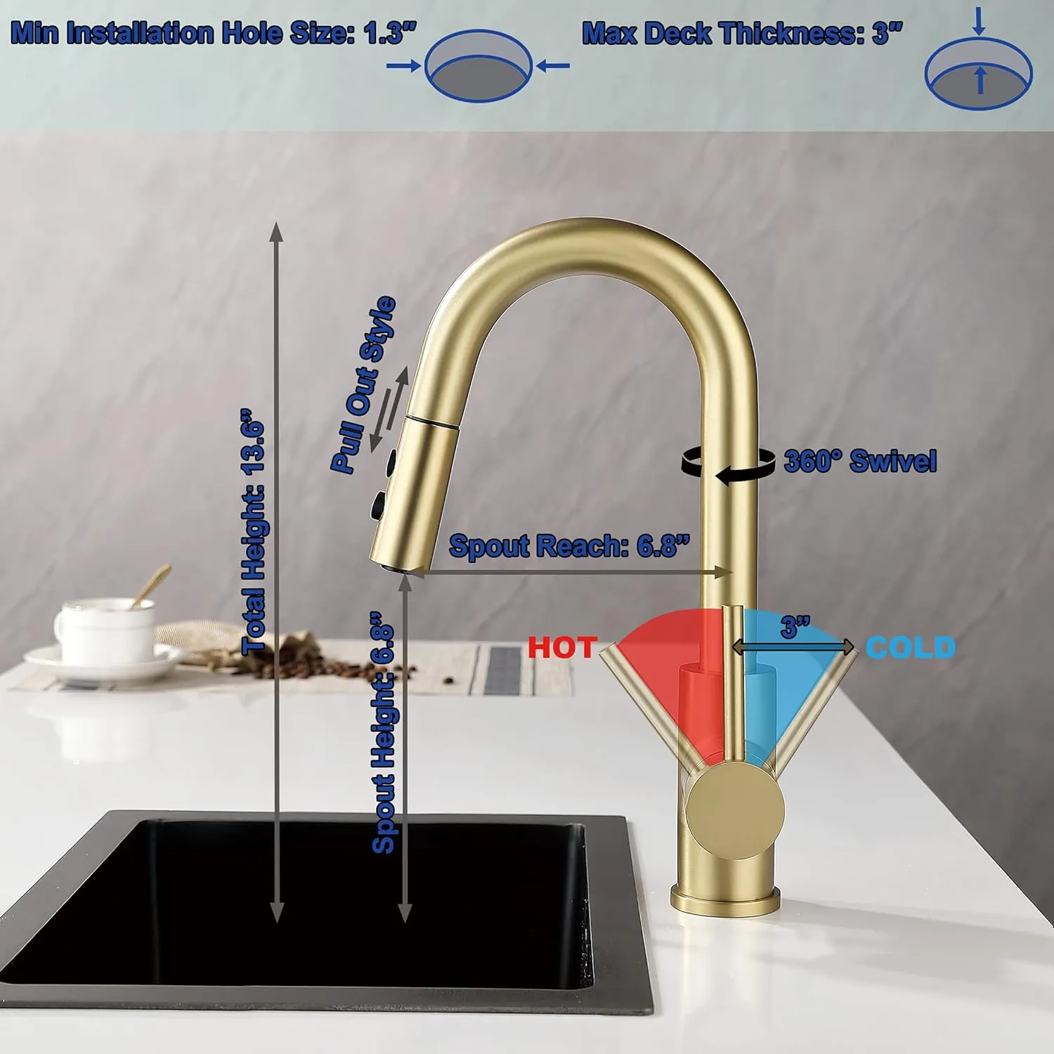 Gold Bar Faucet with Sprayer Single Hole, JXMMP Single Handle Stainless Steel Bar Sink Faucets with Pull Out Sprayer, Modern Brushed Gold Mini Kitchen Faucet with cUPC Supply Hose