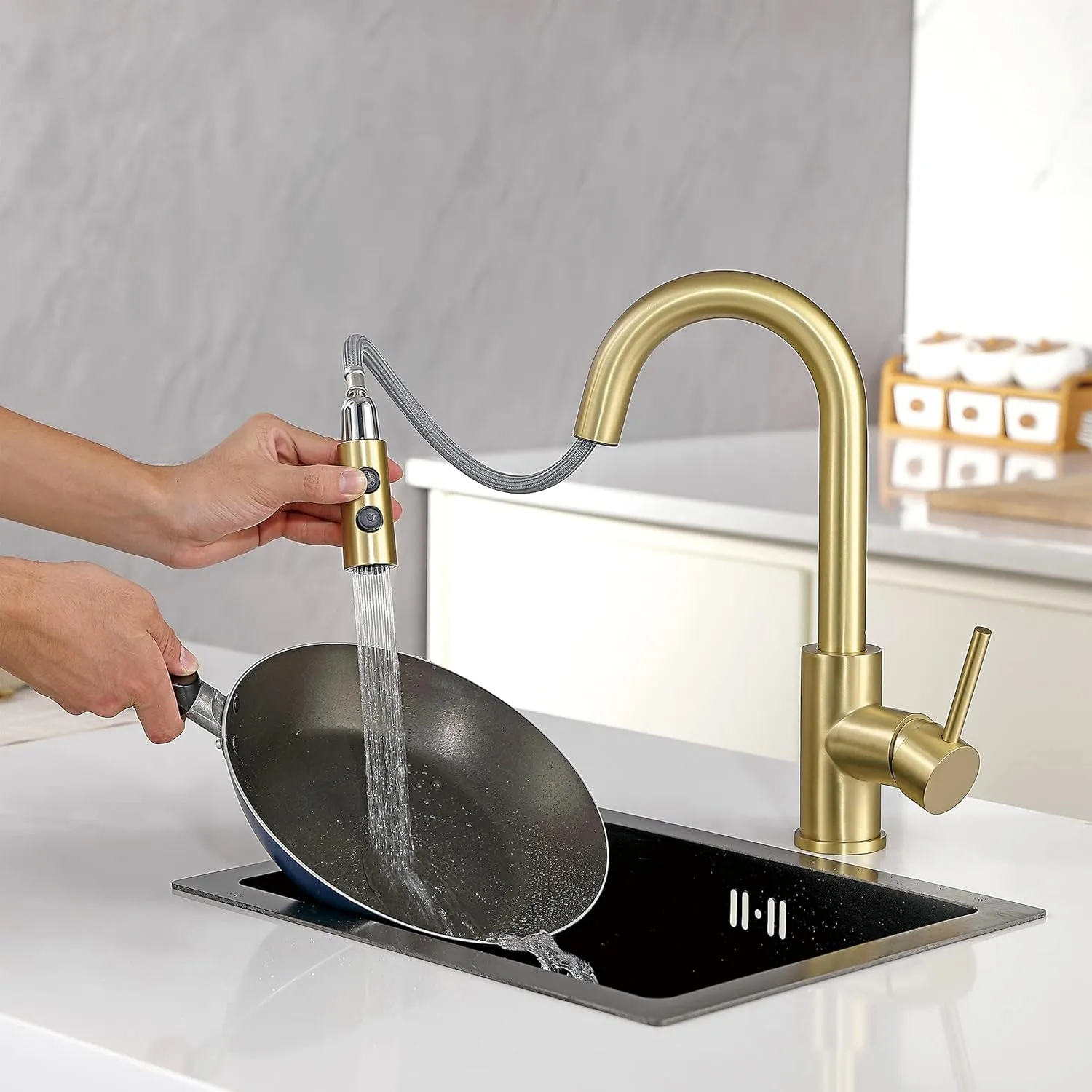 Gold Bar Faucet with Sprayer Single Hole, JXMMP Single Handle Stainless Steel Bar Sink Faucets with Pull Out Sprayer, Modern Brushed Gold Mini Kitchen Faucet with cUPC Supply Hose