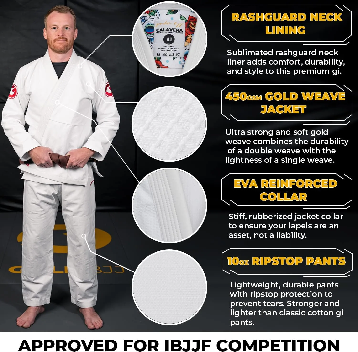 Gold BJJ Calavera Jiu Jitsu Gi - Ultra Strong Gold Weave Premium Kimono - IBJJF Competition Approved Uniform