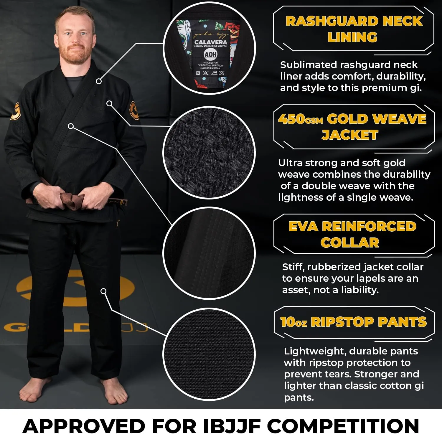 Gold BJJ Calavera Jiu Jitsu Gi - Ultra Strong Gold Weave Premium Kimono - IBJJF Competition Approved Uniform