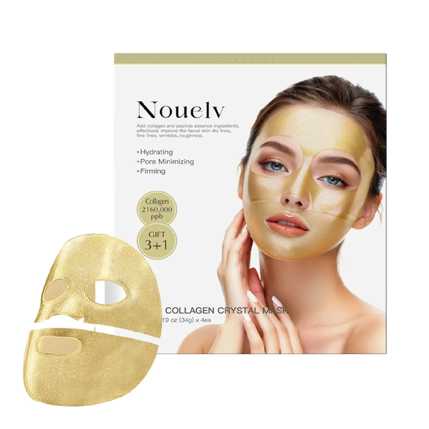 Gold Collagen Crystal Mask – Hydrating Hydrogel Face Mask with Collagen & Peptides for Anti-Aging, Wrinkle Care, Skin Firming, Pore Tightening, Radiance, Elasticity – 34g x 4ea