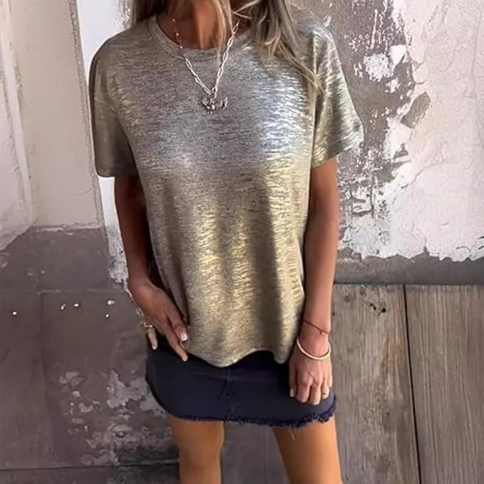 Gold Foil Short Sleeved T Shirt,Bronze Round Neck T Shirt,Soft Loose Breathable Summer Top for Women's Casual Wear