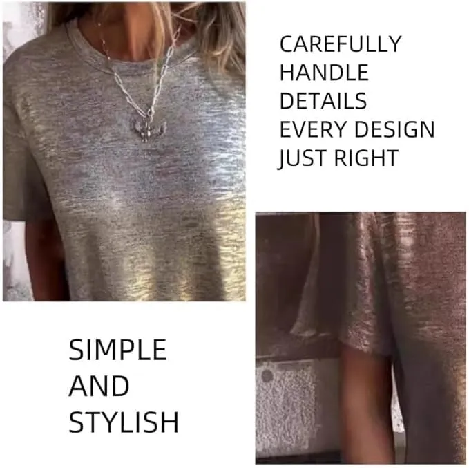 Gold Foil Short Sleeved T Shirt,Bronze Round Neck T Shirt,Soft Loose Breathable Summer Top for Women's Casual Wear
