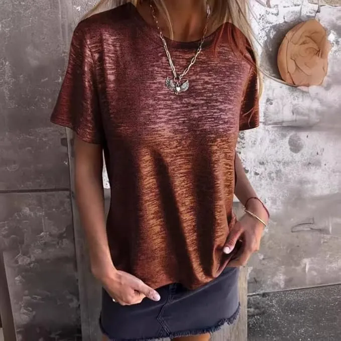 Gold Foil Short Sleeved T Shirt,Bronze Round Neck T Shirt,Soft Loose Breathable Summer Top for Women's Casual Wear