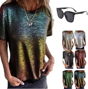 Gold Foil Short Sleeved T Shirt,Bronze Round Neck T Shirt,Soft Loose Breathable Summer Top for Women's Casual Wear