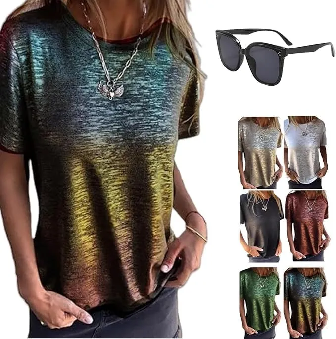 Gold Foil Short Sleeved T Shirt,Bronze Round Neck T Shirt,Soft Loose Breathable Summer Top for Women's Casual Wear