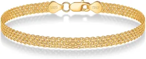 Gold Mesh Bracelet for Women, 7.0 Inch Gold Jewelry, 4mm Solid Link Chain with 925 Sterling Silver Clasp, Elegant Mesh Bracelet for Women