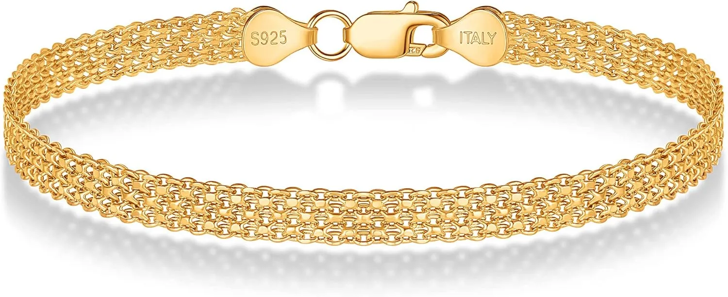 Gold Mesh Bracelet for Women, 7.0 Inch Gold Jewelry, 4mm Solid Link Chain with 925 Sterling Silver Clasp, Elegant Mesh Bracelet for Women