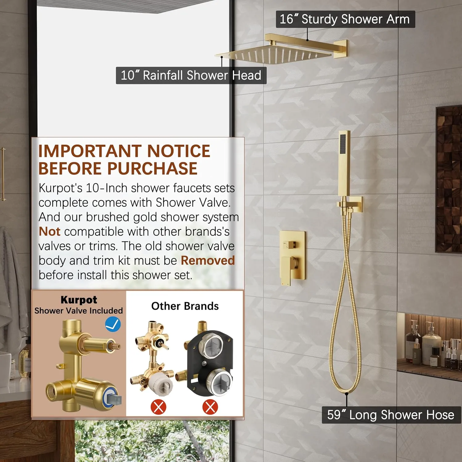 Gold Shower System, 10'' Square Rainfall Shower Head with Handheld Combo Spray, Bathroom Brushed Gold Shower Faucet Set with Valve, 59'' Shower Hose, Shower Trim Kit and Diverter, Wall Mounted