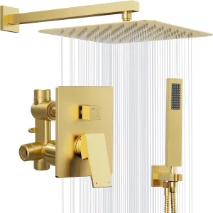 Gold Shower System, 10'' Square Rainfall Shower Head with Handheld Combo Spray, Bathroom Brushed Gold Shower Faucet Set with Valve, 59'' Shower Hose, Shower Trim Kit and Diverter, Wall Mounted