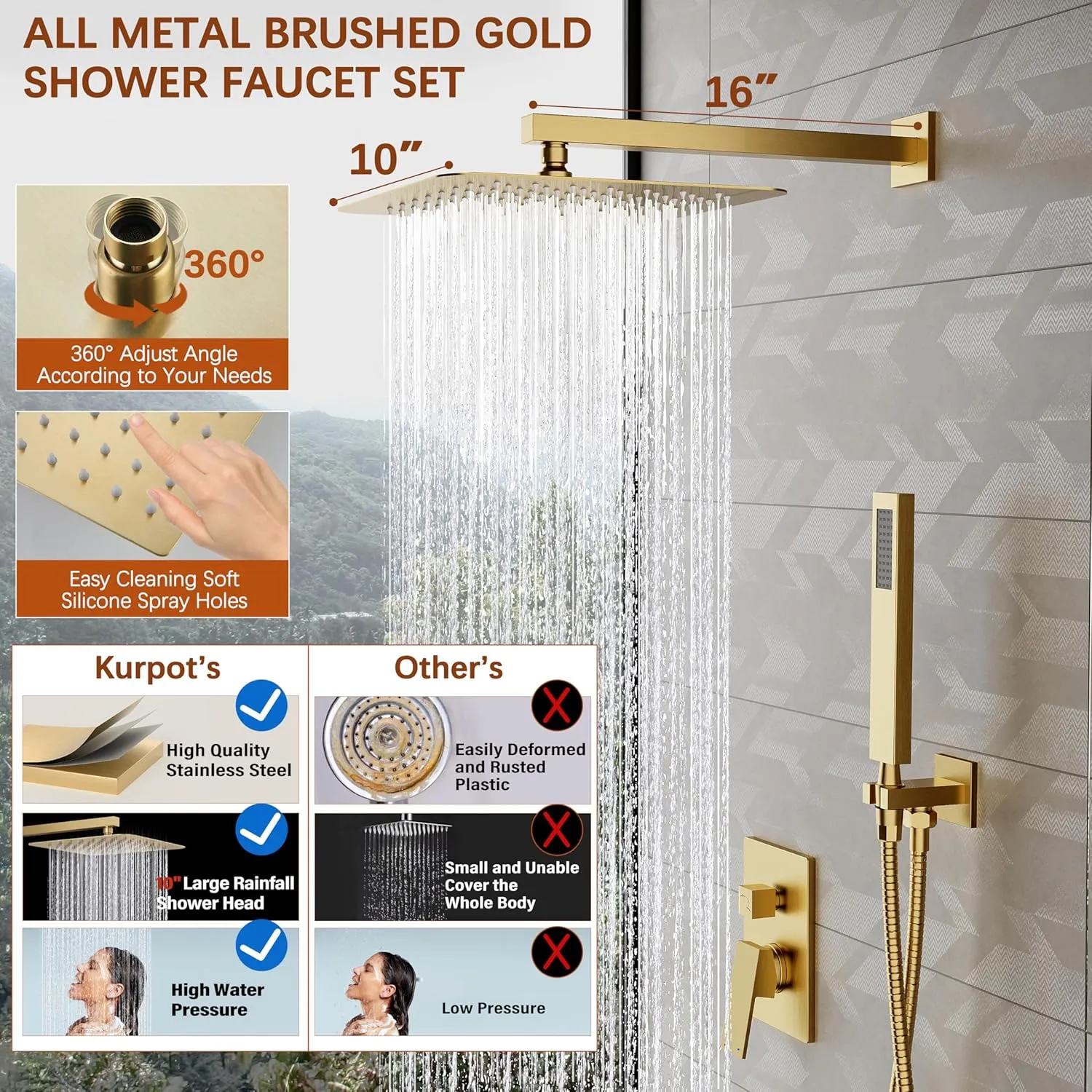 Gold Shower System, 10'' Square Rainfall Shower Head with Handheld Combo Spray, Bathroom Brushed Gold Shower Faucet Set with Valve, 59'' Shower Hose, Shower Trim Kit and Diverter, Wall Mounted