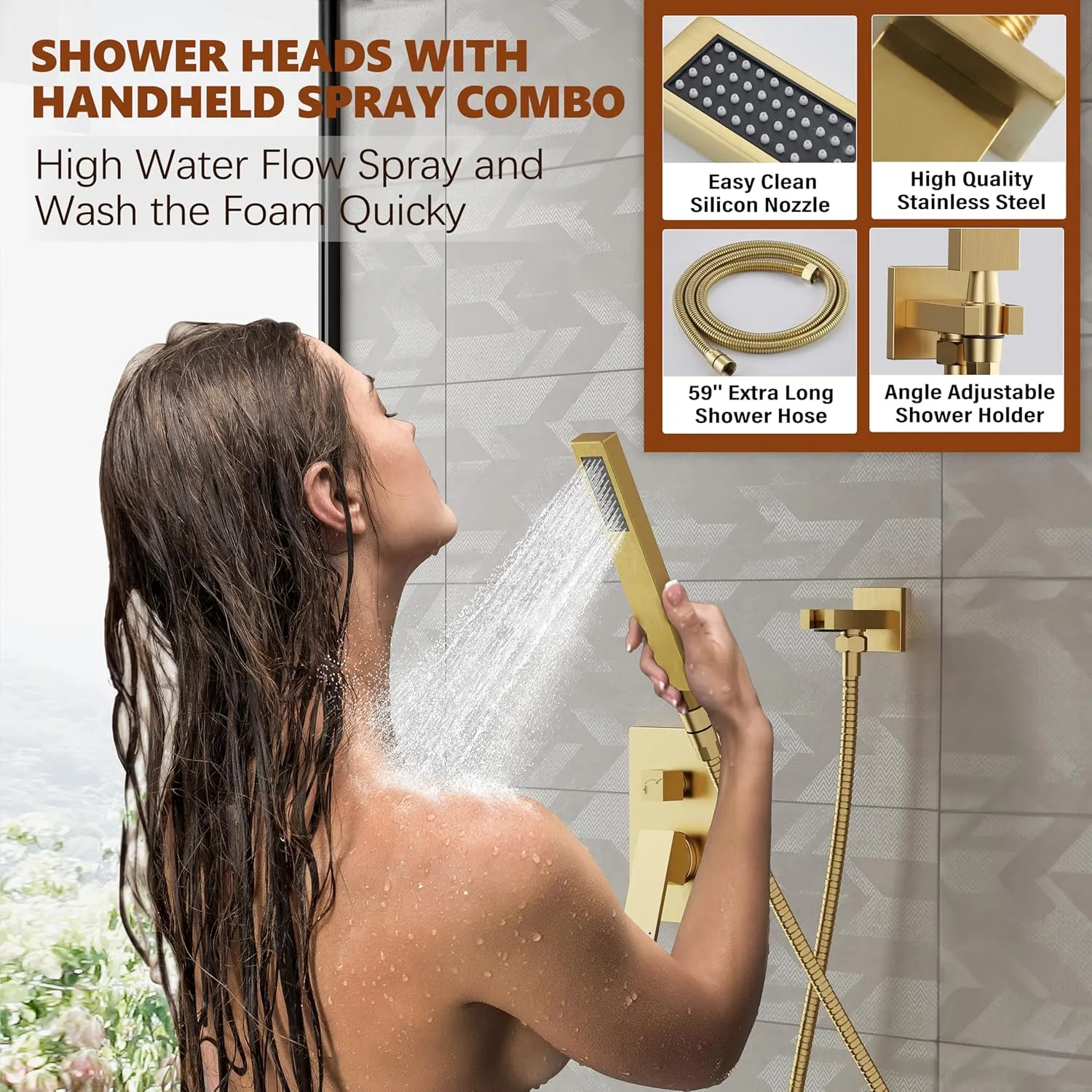 Gold Shower System, 10'' Square Rainfall Shower Head with Handheld Combo Spray, Bathroom Brushed Gold Shower Faucet Set with Valve, 59'' Shower Hose, Shower Trim Kit and Diverter, Wall Mounted