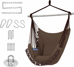 Gold Armour Hammock Chair Hanging Rope Swing Max 500lbs, 2 Seat Cushions Included, Hanging Chair with Pocket-Quality Cotton Weave for Superior Comfort & Durability (Dark Brown)
