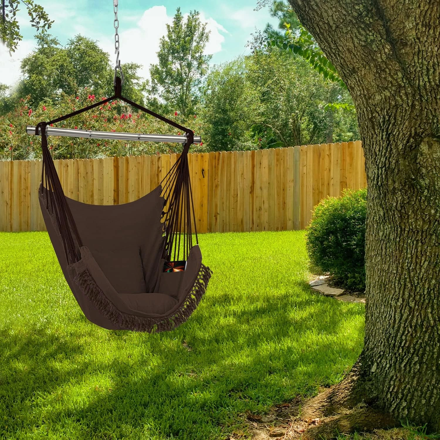 Gold Armour Hammock Chair Hanging Rope Swing Max 500lbs, 2 Seat Cushions Included, Hanging Chair with Pocket-Quality Cotton Weave for Superior Comfort & Durability (Dark Brown)