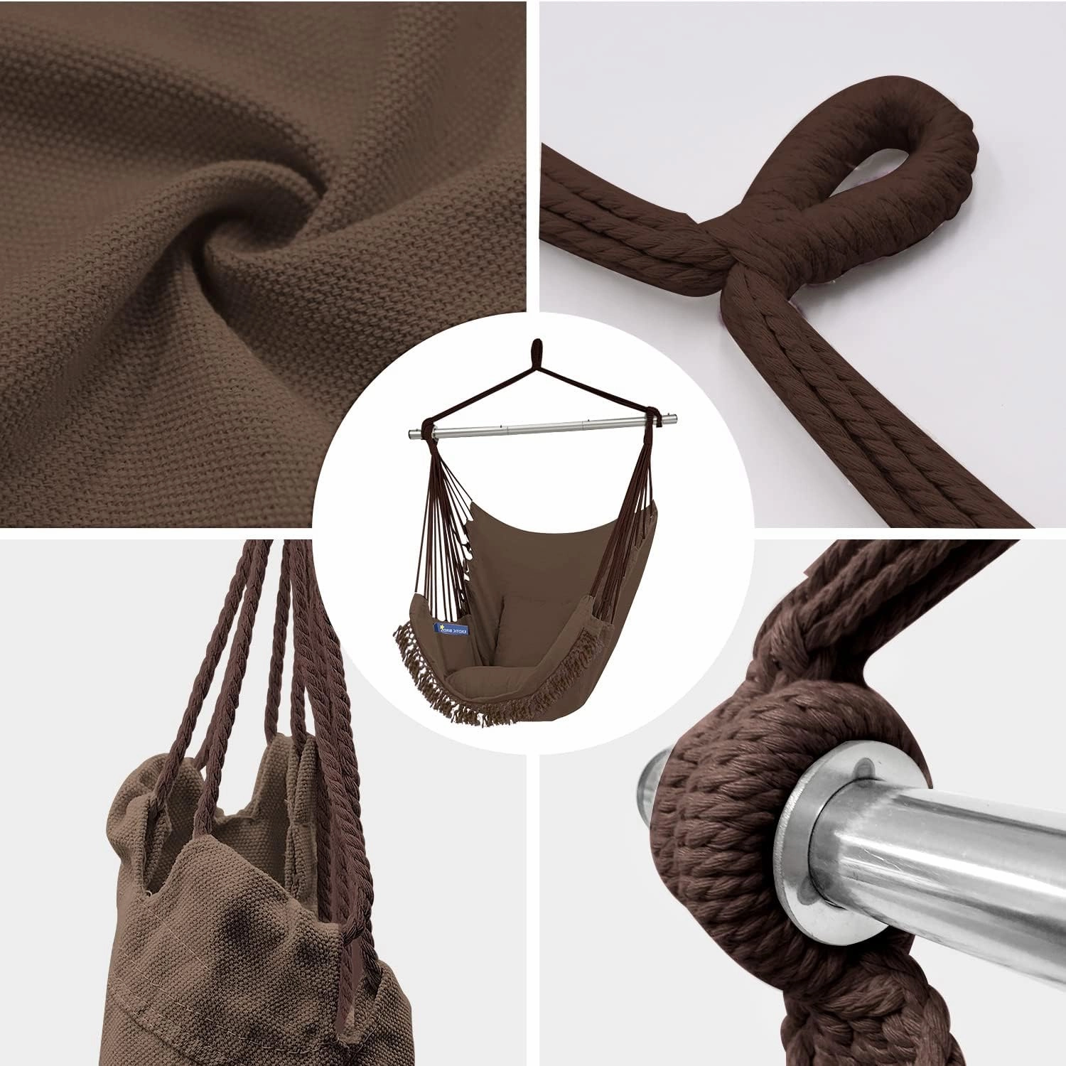 Gold Armour Hammock Chair Hanging Rope Swing Max 500lbs, 2 Seat Cushions Included, Hanging Chair with Pocket-Quality Cotton Weave for Superior Comfort & Durability (Dark Brown)