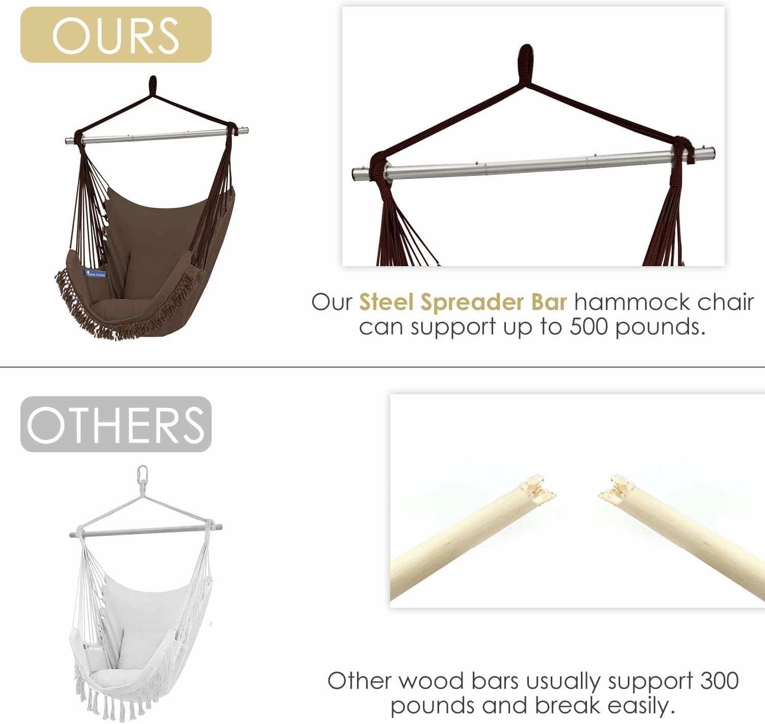 Gold Armour Hammock Chair Hanging Rope Swing Max 500lbs, 2 Seat Cushions Included, Hanging Chair with Pocket-Quality Cotton Weave for Superior Comfort & Durability (Dark Brown)