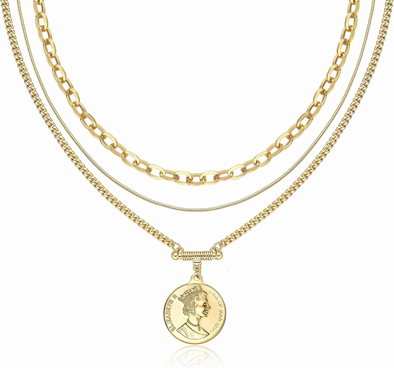 Gold Layered Necklace for Women, 14K Gold Plated Coin Cross Pendant Necklace Chunky Chain Choker Gold Layering Necklaces for Women