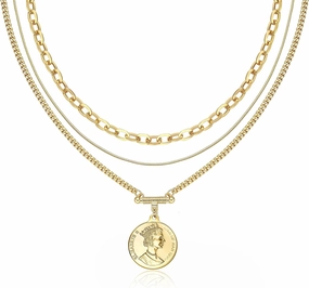 Gold Layered Necklace for Women, 14K Gold Plated Coin Cross Pendant Necklace Chunky Chain Choker Gold Layering Necklaces for Women