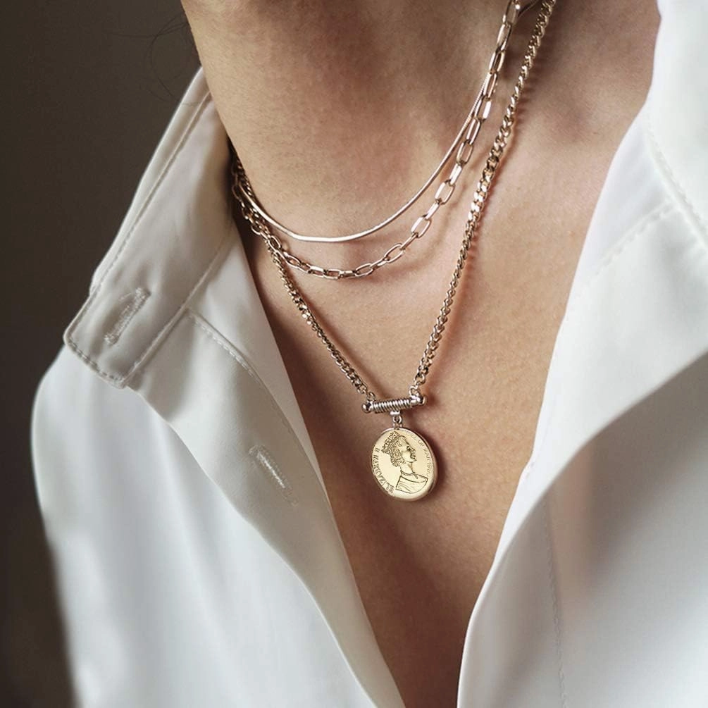 Gold Layered Necklace for Women, 14K Gold Plated Coin Cross Pendant Necklace Chunky Chain Choker Gold Layering Necklaces for Women