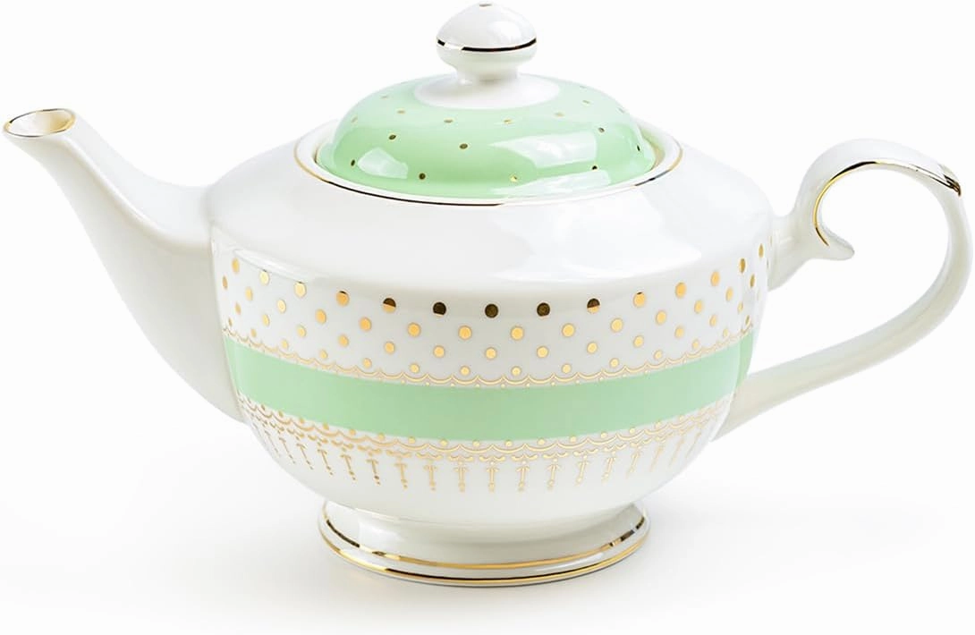 Gold Pin Dots Teapot, Color Stripe with Gold Dots Fine Porcelain Teapot 38oz (Mint Green)