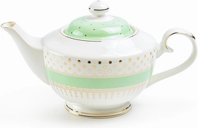 Gold Pin Dots Teapot, Color Stripe with Gold Dots Fine Porcelain Teapot 38oz (Mint Green)