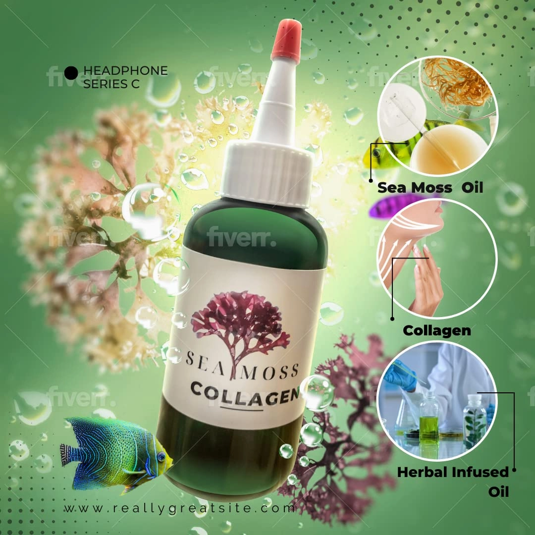 Golden SeaMoss Collagen-Oil - Skin and Scalp Seamoss Oil with Collagen, Olive Oil and Coconut Oil - Hydrating Collagen Oil for Skin Tightening and Scalp Care Eczema-Acne Dry Skin-Hydration