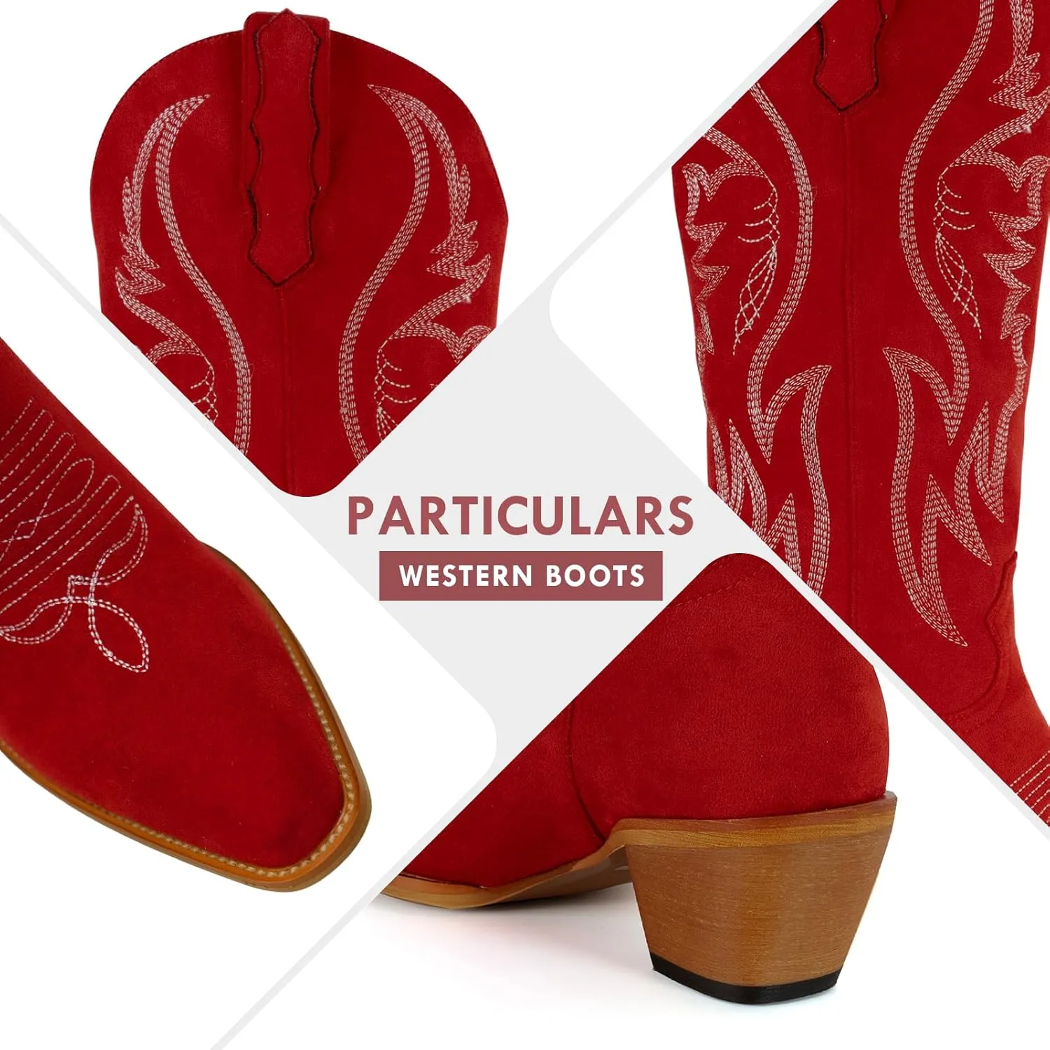 GORBINETI Women Cowboy Boots Mid Calf Cowgirl Boots Western Red Boots Embroidered Suede Pull On Almond Toe Chunky Heel