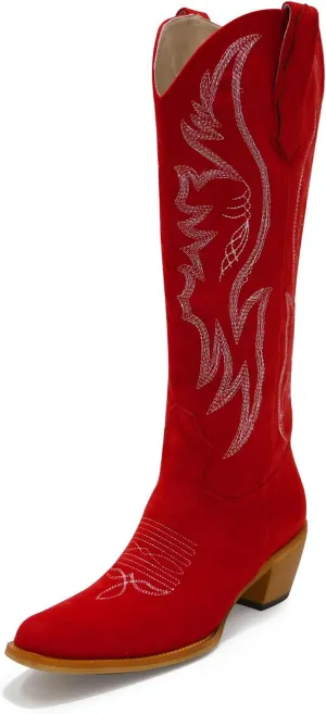 GORBINETI Women Cowboy Boots Mid Calf Cowgirl Boots Western Red Boots Embroidered Suede Pull On Almond Toe Chunky Heel