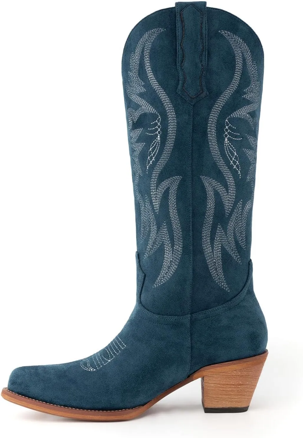 GORBINETI Women Cowboy Boots Mid Calf Cowgirl Boots Western Red Boots Embroidered Suede Pull On Almond Toe Chunky Heel