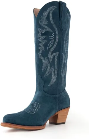 GORBINETI Women Cowboy Boots Mid Calf Cowgirl Boots Western Red Boots Embroidered Suede Pull On Almond Toe Chunky Heel