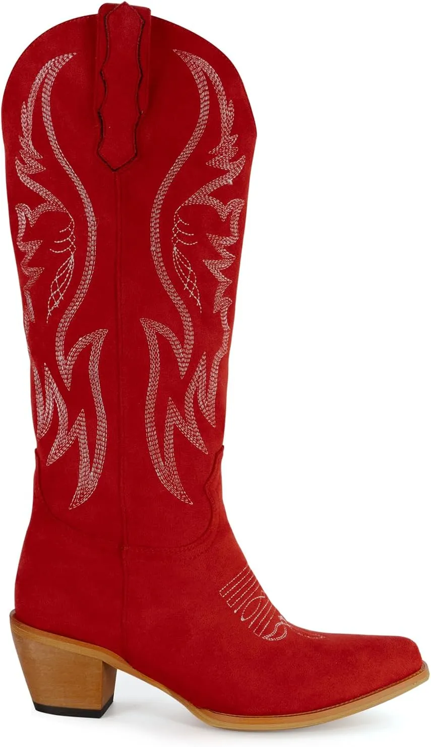 GORBINETI Women Cowboy Boots Mid Calf Cowgirl Boots Western Red Boots Embroidered Suede Pull On Almond Toe Chunky Heel