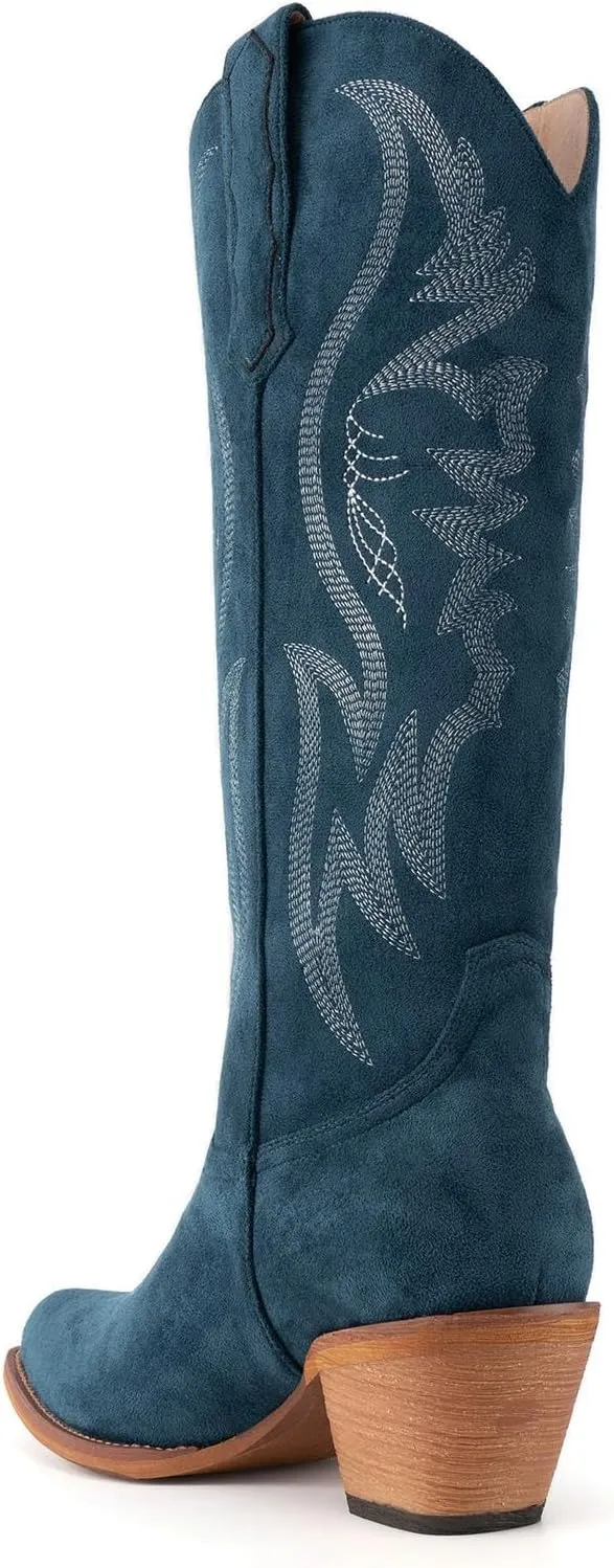 GORBINETI Women Cowboy Boots Mid Calf Cowgirl Boots Western Red Boots Embroidered Suede Pull On Almond Toe Chunky Heel