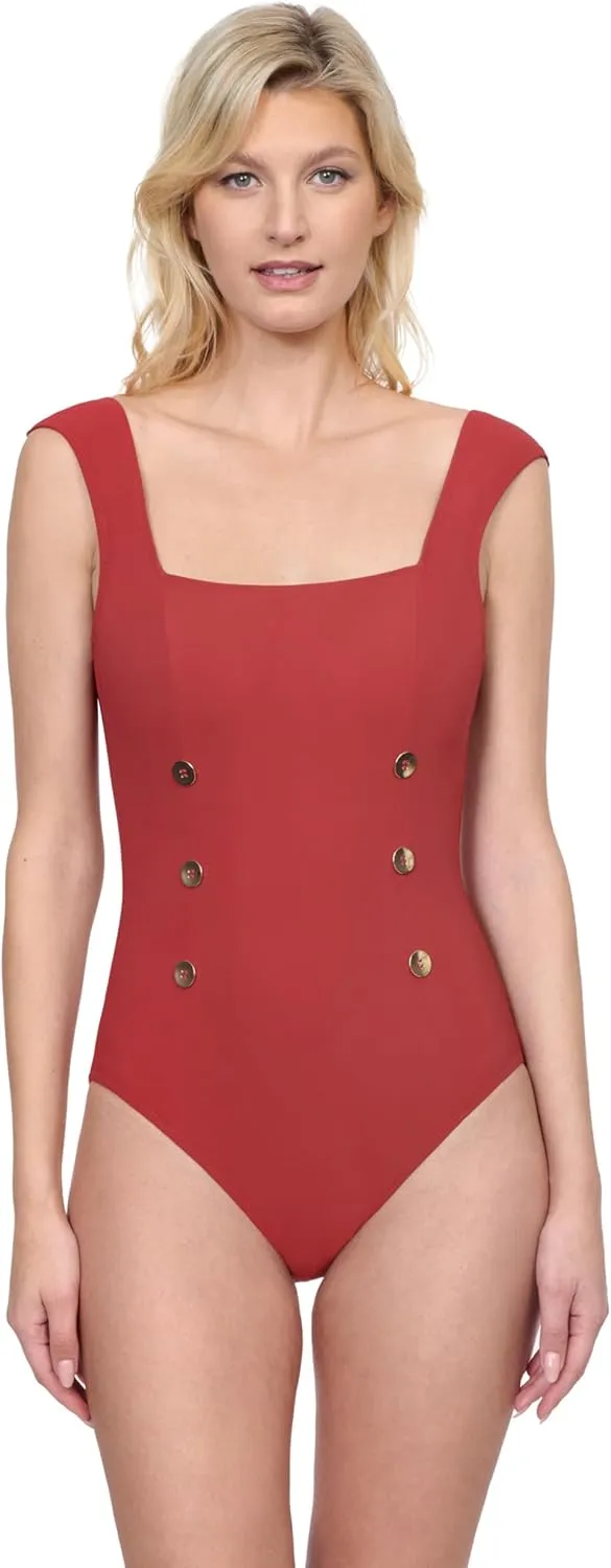 Gottex Women's Monte Carlo Square Neck One Piece Swimsuit with Cap Sleeve Tummy Control Soft Cups and Gold Button Detailing