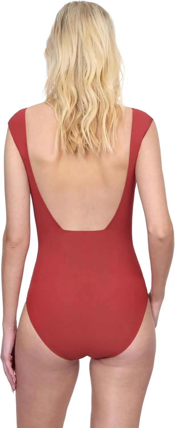 Gottex Women's Monte Carlo Square Neck One Piece Swimsuit with Cap Sleeve Tummy Control Soft Cups and Gold Button Detailing