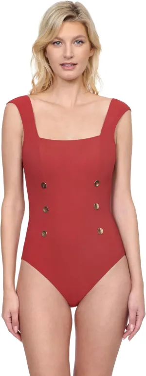 Gottex Women's Monte Carlo Square Neck One Piece Swimsuit with Cap Sleeve Tummy Control Soft Cups and Gold Button Detailing